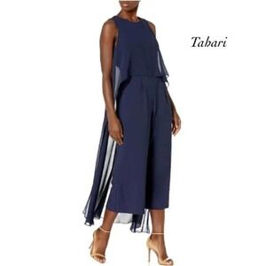 Tahari Jumpsuit ASL Navy Wide Leg Cropped Cape Style Sleeveless Pockets Size 6